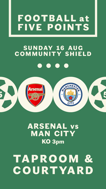 Graphic advertising the screening of the Community Shield game between Arsenal and Manchester City on Sunday, the 16th of August, with the kick-off being at 3pm
