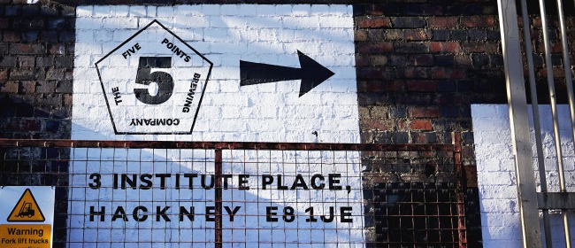 The painted logo outside The Five Points Brewing Company at 3 Institute Place in Hackney