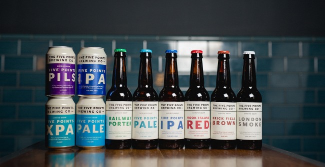 The core range of Five Points Brewing Company beers in can and bottle