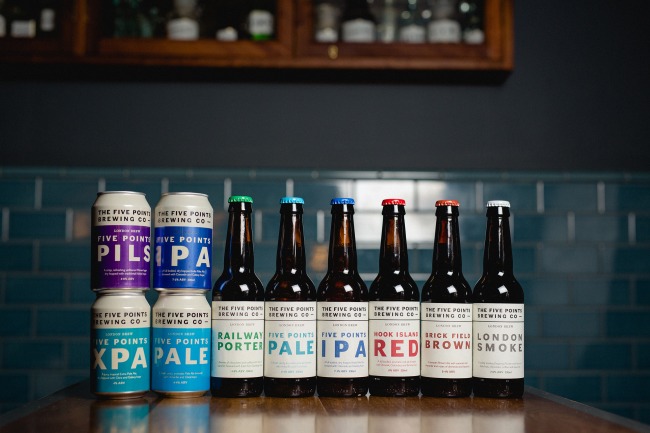 The year-round core range of Five Points beers in bottle and can