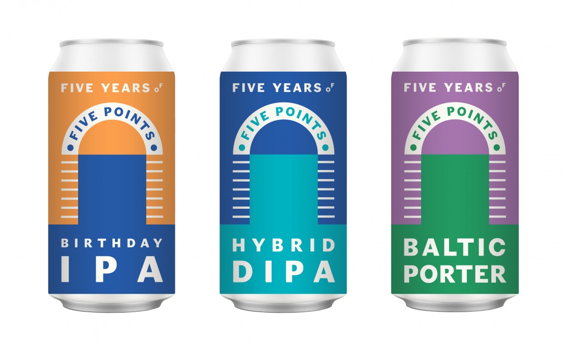 Renders of the beer cans for Five Points' Five Years collabs