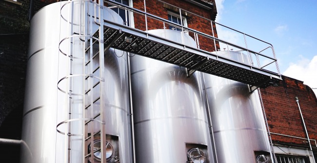 The fermentation vessels outside The Five Points Brewing Company in Hackney Downs, London