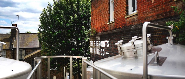 An external photo of the Five Points Brewing in Hackney taken from the top of the fermentation vessels