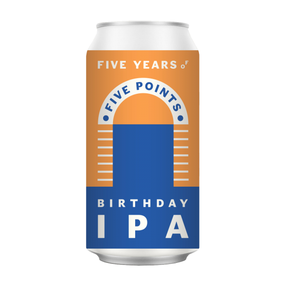 An illustration of a Five Points Birthday IPA beer can
